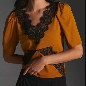 Anthropologie Mustard Short Sleeve Top with Black Lace Trim